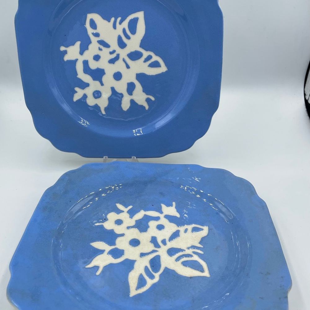2 VTG 1940 Cameoware Harker Pottery co. Square Blue Dainty flower dessert plate